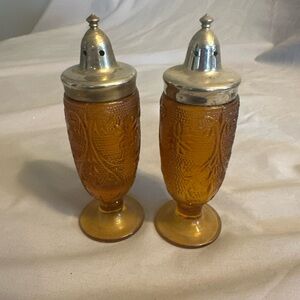 Vintage Amber Glass Shakers with Silver Tops Indiana glass
